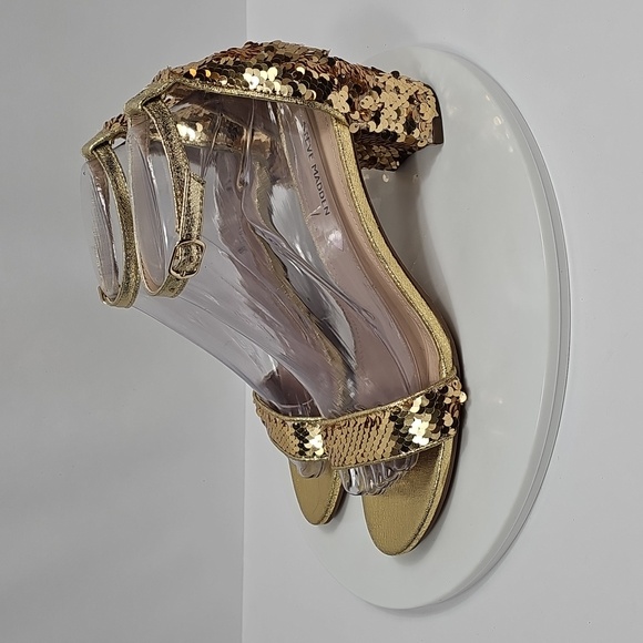 Steve Madden Carrson Sequin Block Heel Sandals 6 Gold Ankle Strap Formal Dress - Picture 9 of 14
